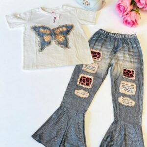 Butterfly Sparkle Top & Patchwork Flare trouser Set (Girls)