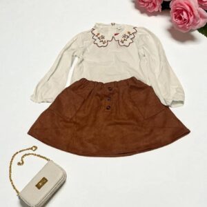 Girls’ Autumn Chic Embroidered Collar Top & Brown Skirt Set