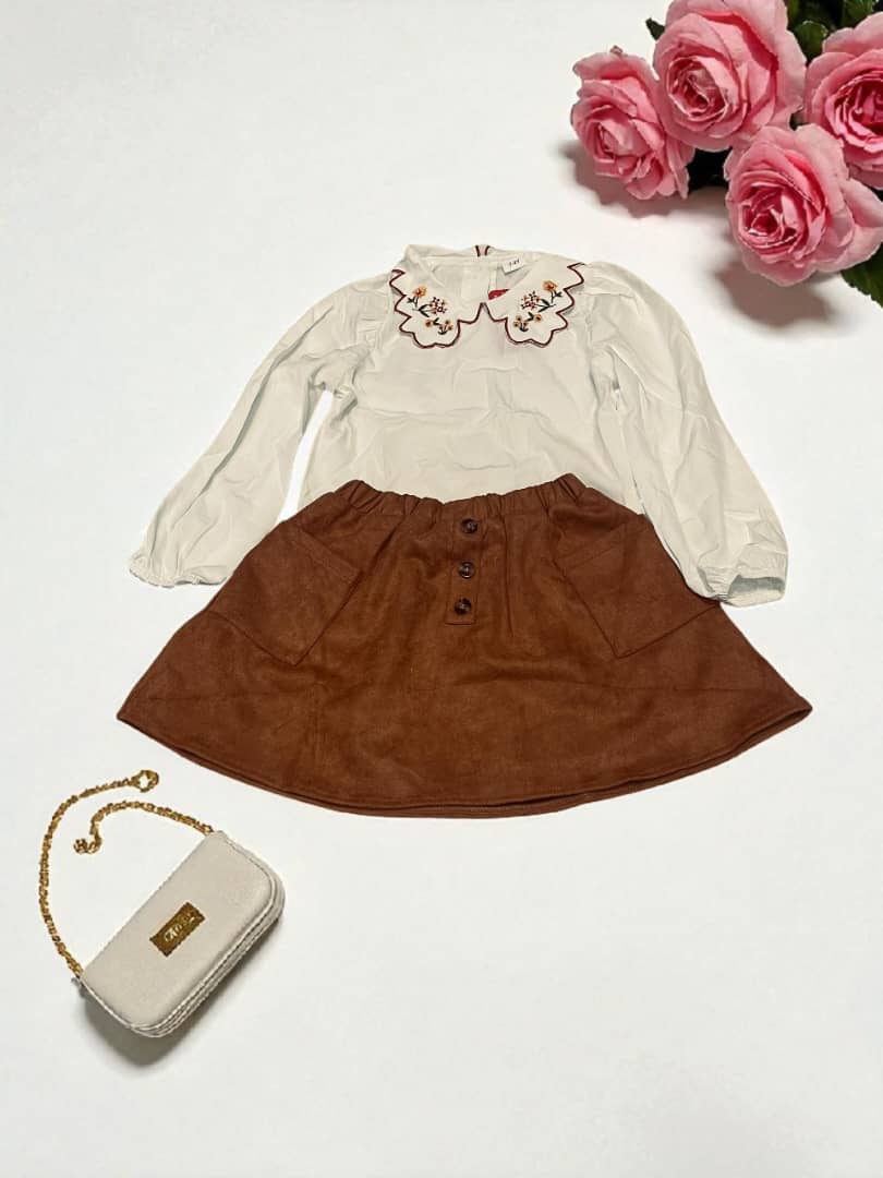 Girls’ Autumn Chic Embroidered Collar Top & Brown Skirt Set