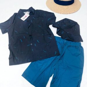 Boys’ Navy Blue Shirt & Shorts Set with Bucket Hat