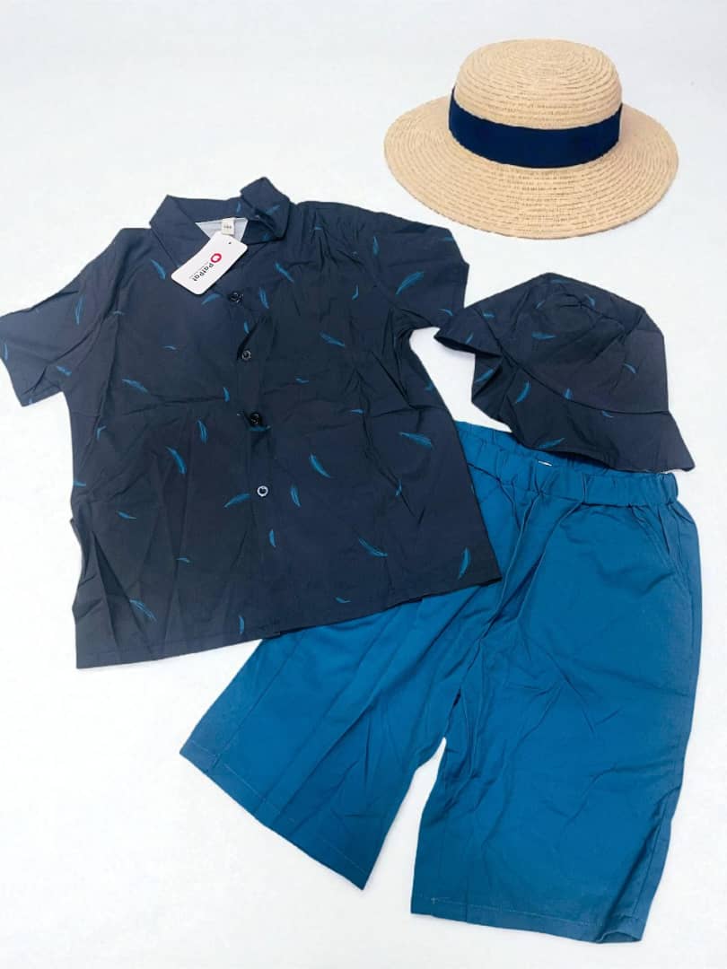 Boys’ Navy Blue Shirt & Shorts Set with Bucket Hat