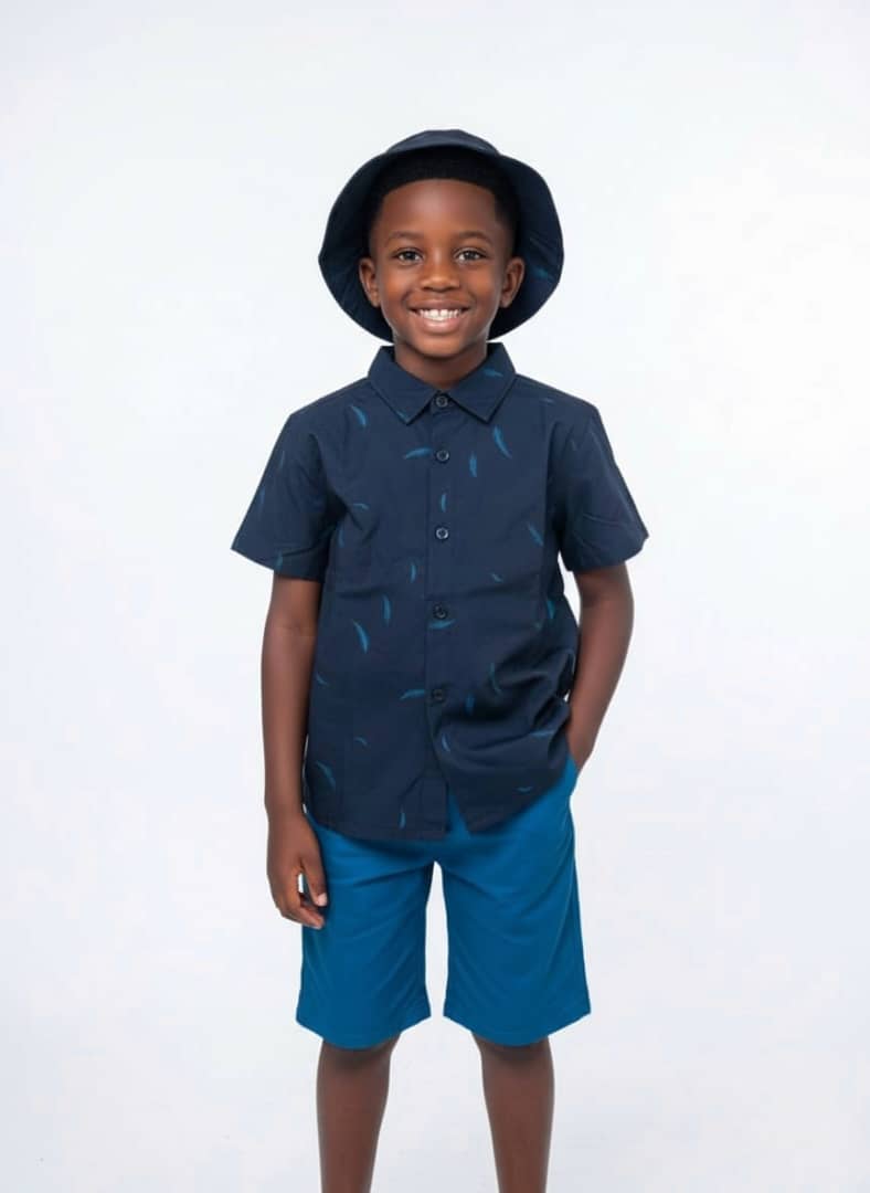 Boys’ Navy Blue Shirt & Shorts Set with Bucket Hat - Image 2