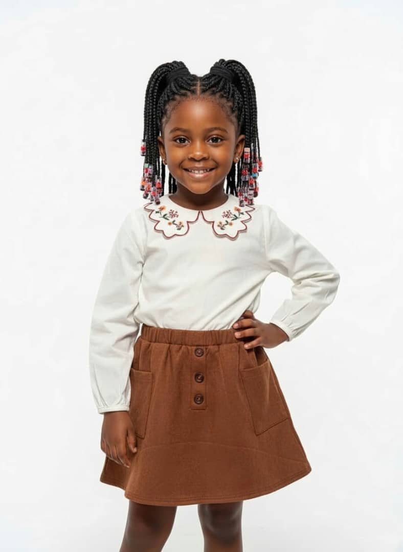 Girls’ Autumn Chic Embroidered Collar Top & Brown Skirt Set - Image 2